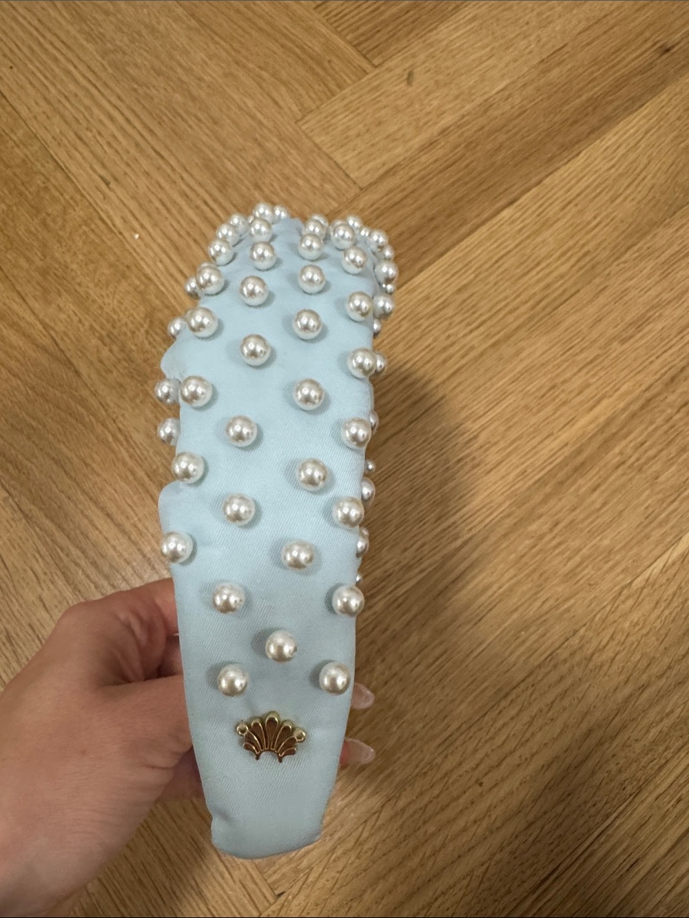 Lele Sadoughi Powder Blue Pearl-Studded Padded Headband with Gold Shell